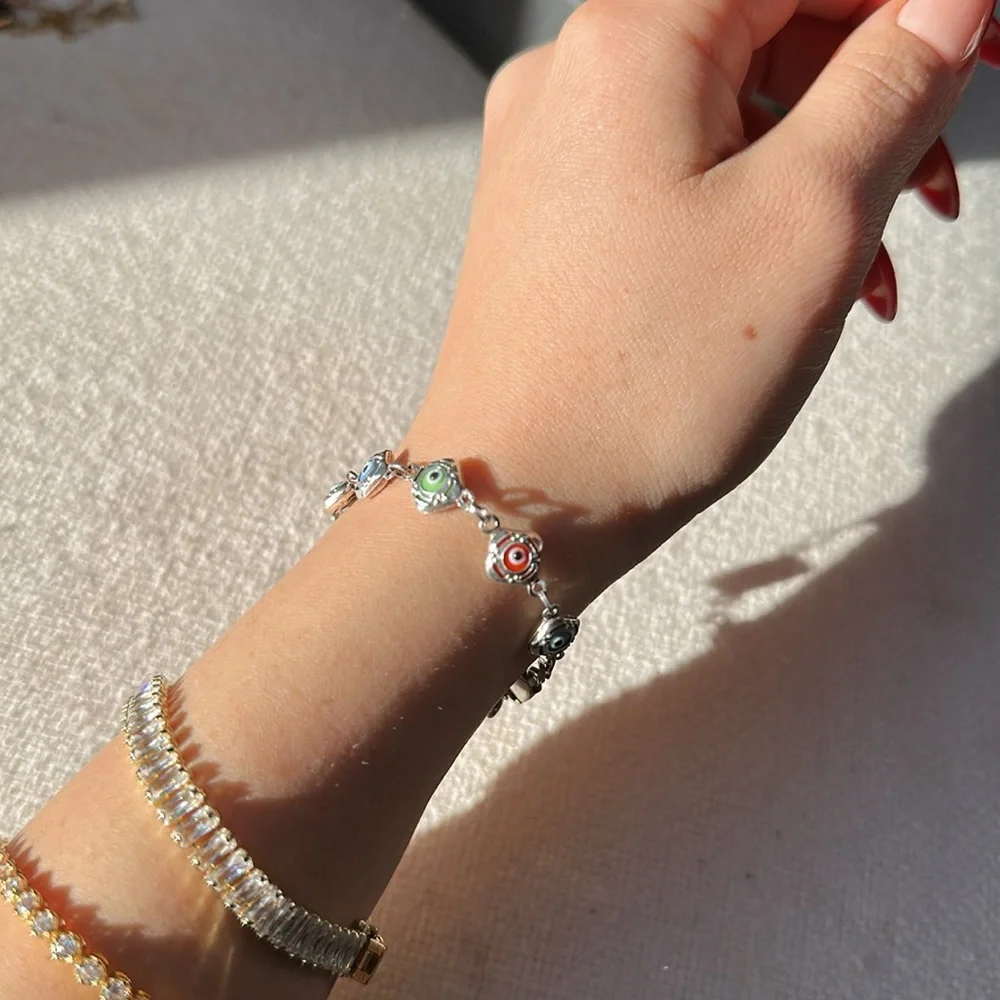 Multicolor bead sterling silver evil eye bracelet small - Picture 5 of 6